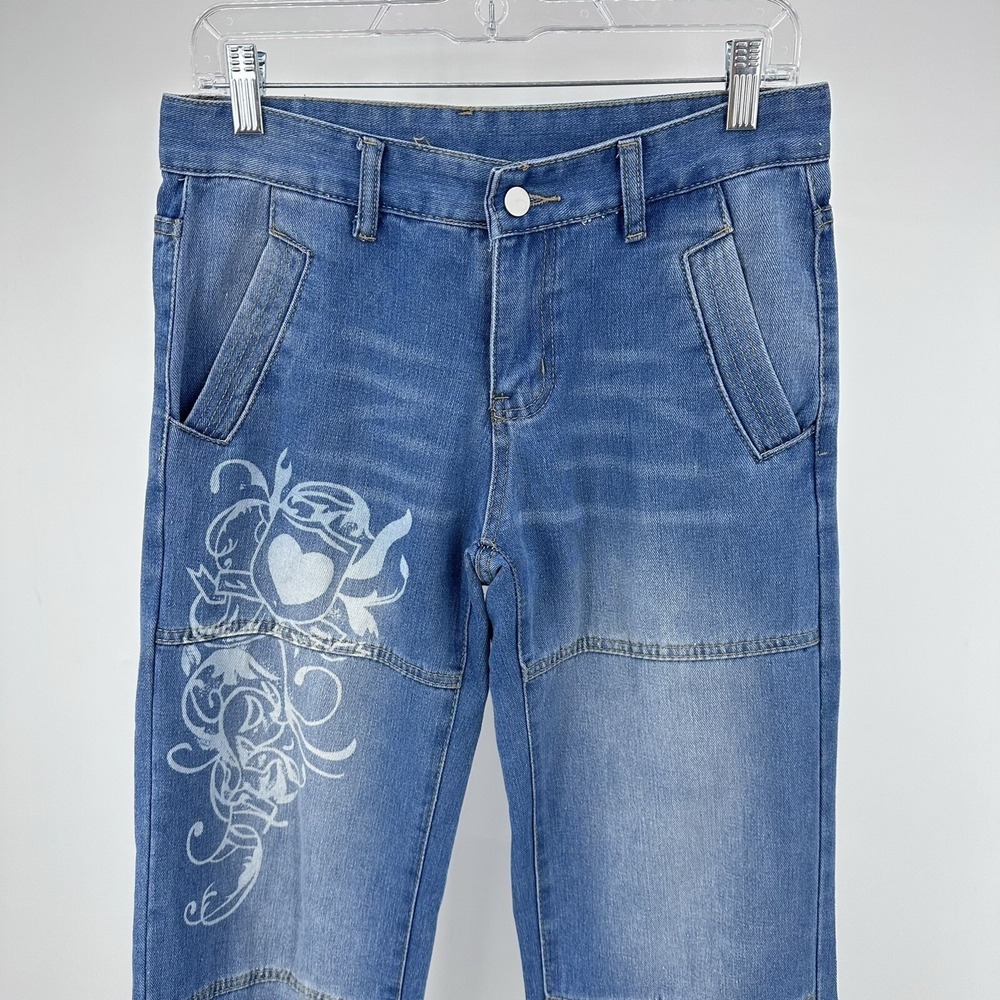 Womens Denim Jeans Size M Embellished Heart Tribal Design Straight Leg Whiskered - Picture 2 of 8